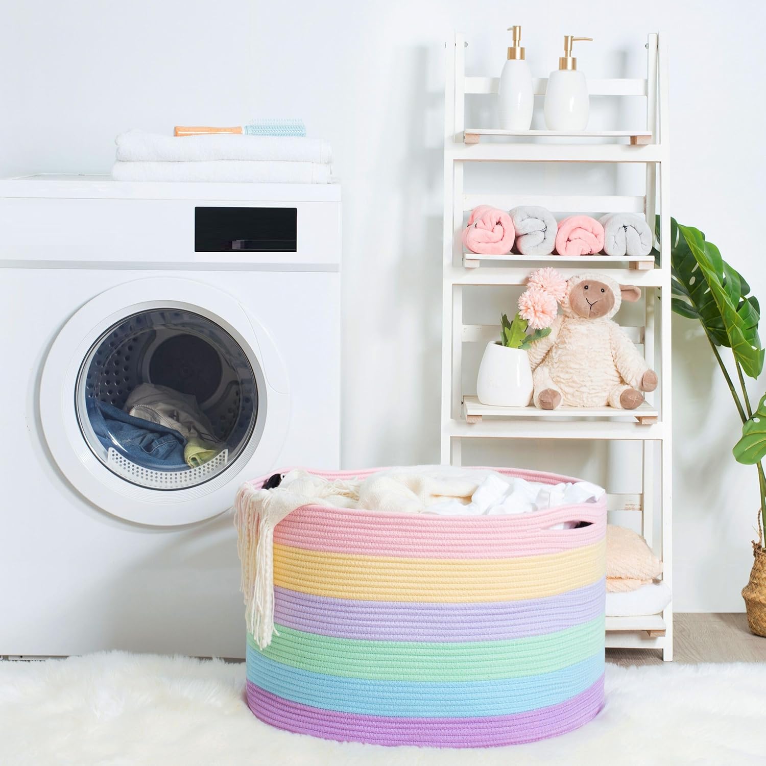 MINTWOOD Design Extra Large 22 x 14 Inch Rainbow Blanket Basket for Colorful Room Decor, Playroom & Classroom Storage Basket, Decorative Cotton Rope Basket, Toy Storage Baskets & Bins, Pastel Rainbow - Image 5