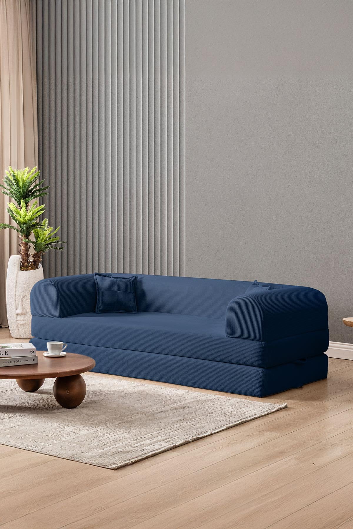Sofá Cama de 3 plazas, Azul Marino, 190 cm, 100% Tejido de Felpa Acanalada, Funda extraíble, Apta para Mascotas, 2 Almohadas Incluidas