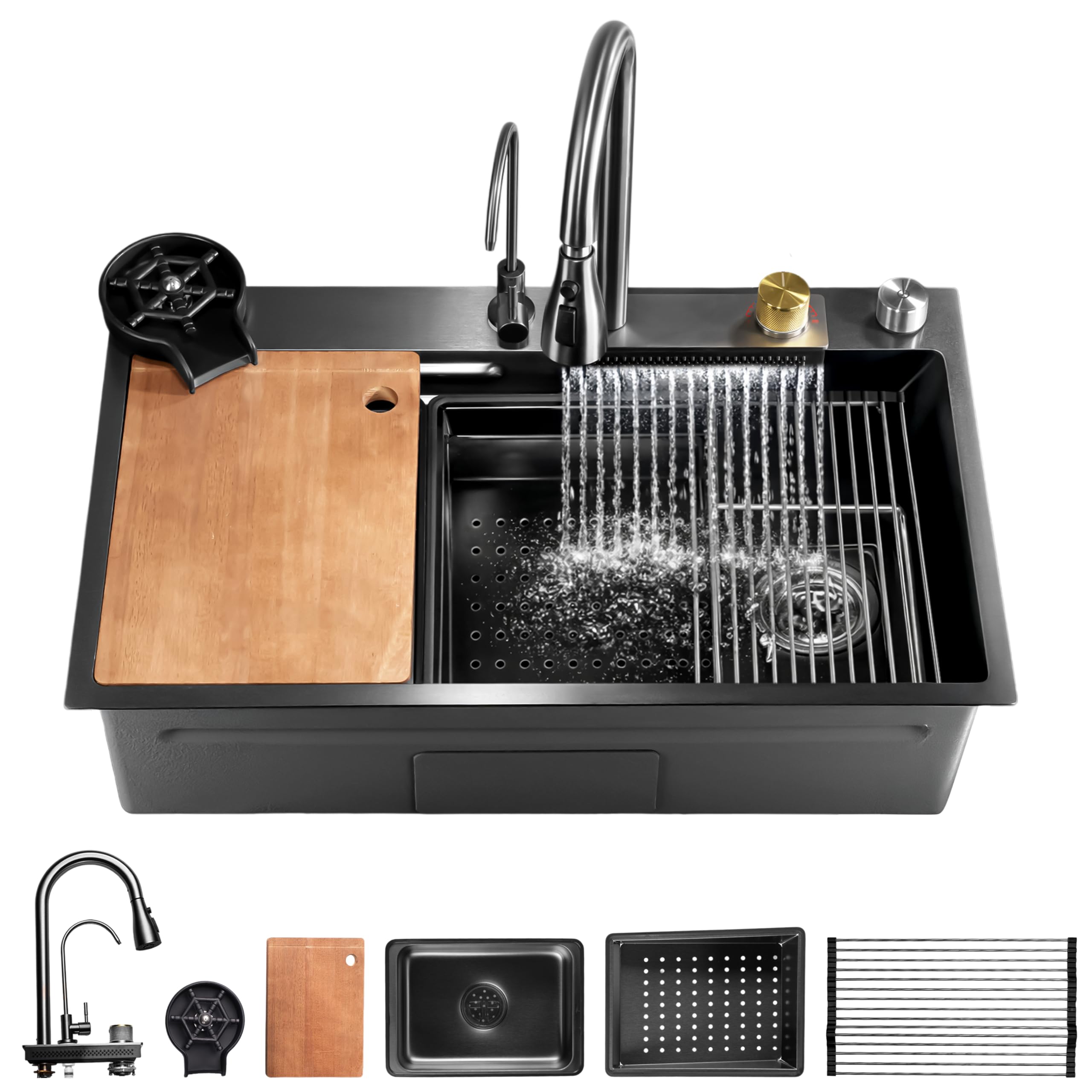 SereneLife Lavello Cucina 1 Vasca in Acciaio Inox Nero 75x46x22 cm, Lavandino Cucina con Scolapiatti, Cestello Filtro, Vassoio e Tagliere