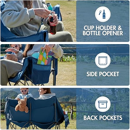 Miniatura 6 de PORTAL Silla de campamento doble, sofá biplaza plegable para 2 personas para adultos, cojín acolchado, para campamento, césped, sofá portátil con