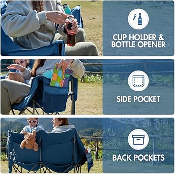 Portal Double Camping Chair, 2 Person Folding Loveseat for Adults, Padded Cushion Camp Lawn Love Seat with Side Pocket Portable Couch, Two Person Heavy Duty Wide Chairs with Cup Holder, 600 lbs