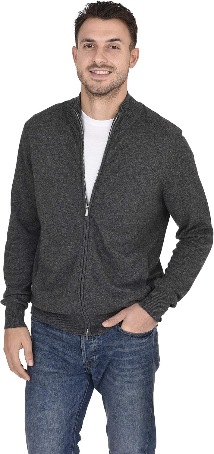 Cashmeren Men's Mock Neck Zip Up Cardigan 100% Merino Wool Classic Knit Long Sleeve Zipped Down Sweater - Image 3
