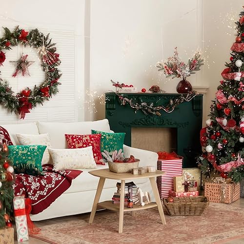 Miniatura 9 de Topfinel Juego de 2 fundas de almohada navideñas de 18 x 18 pulgadas, de terciopelo brillante de Navidad, copos de nieve, renos, decoración de