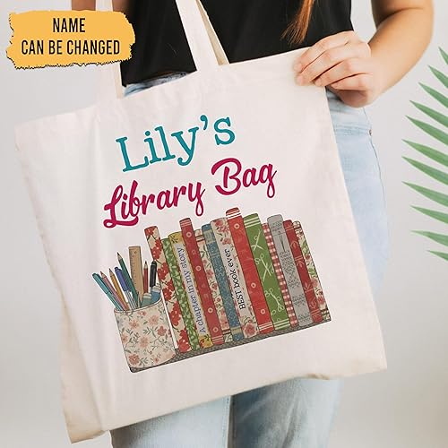 Vista 2 de Hyturtle Bolsa de lona personalizada para biblioteca, regalos de compras para mujeres, niñas, amantes de la lectura, bibliotecario en cumpleaños