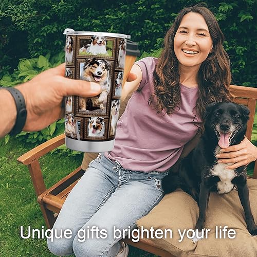 Miniatura 4 de Vaso de perro pastor australiano con tapa, a prueba de derrames, taza de viaje para café helado, botella de agua aislada de acero inoxidable de 20