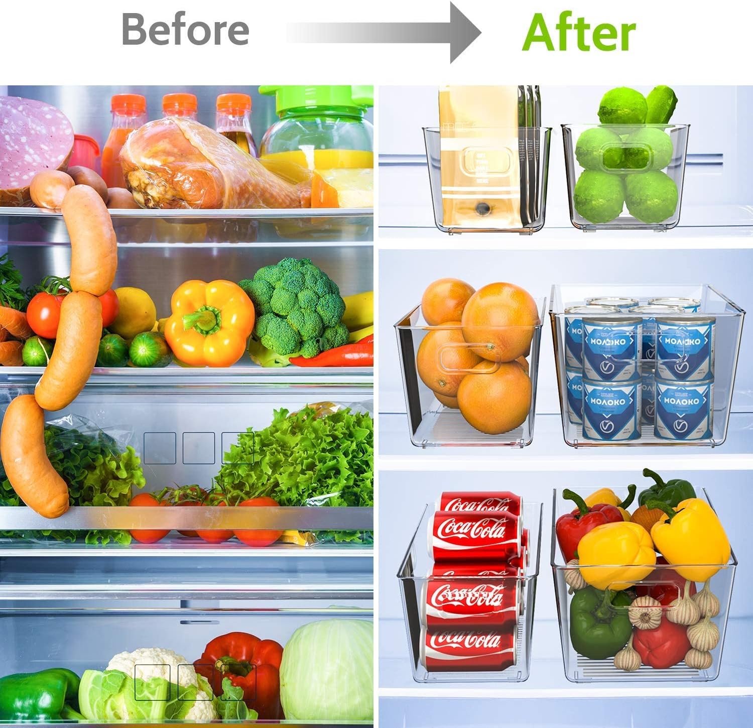 Ohuhu Fridge Organizers Storage Clear Bins Large 6PCS Refrigerator Pantry Organization Stackable Containers Snack Fruit Veggie Egg Freezer Organizing Food-Grade Shatter-Resistant for Kitchen Cabinet
