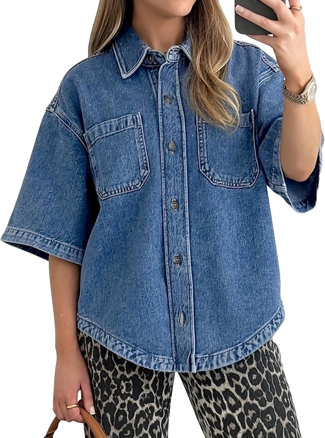 Women's Denim Shirt, Button Down Short Sleeve Jean Shirts Casual Top Outfits Trendy