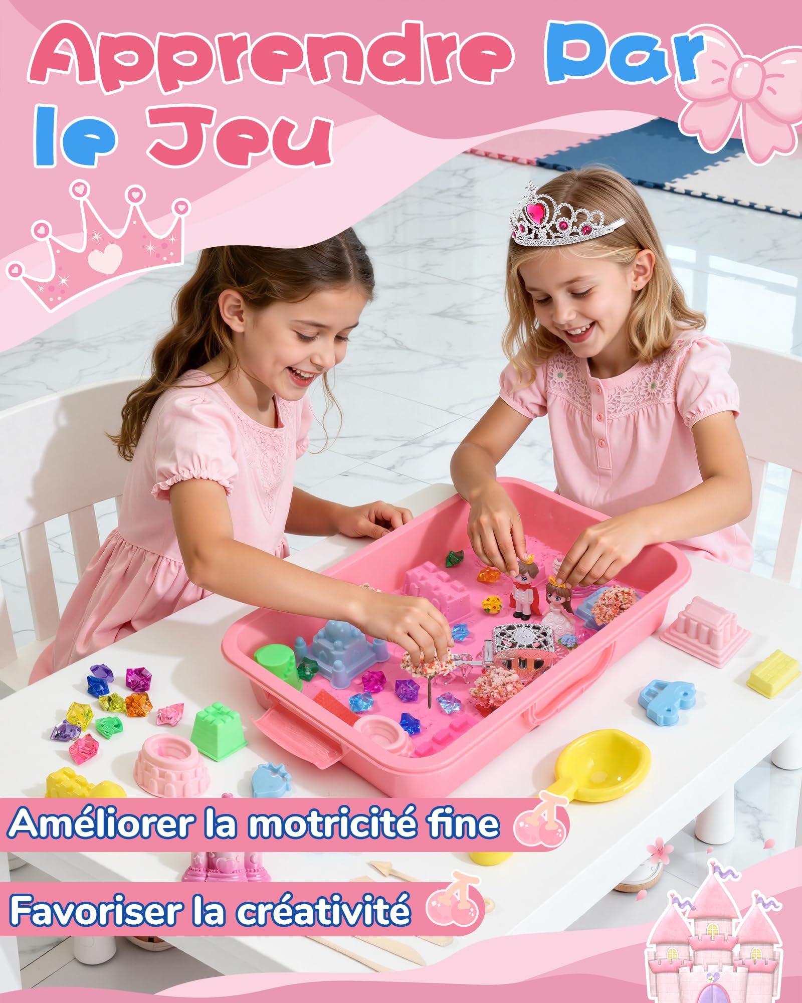 cycletour Sable Magique Série Château L'ensemble, Magic Sand Comprend 1 kg de Rose Super Sand, 1 Boîte de Rangement les 47 Types D'accessoires, Sable Magique Enfant 3 ans et Plus