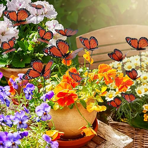 Miniatura 6 de Vicenpal 60 estacas de mariposa monarca, mariposa monarca para el día de los muertos, adornos de jardín impermeables, 4 tamaños diferentes 3D,