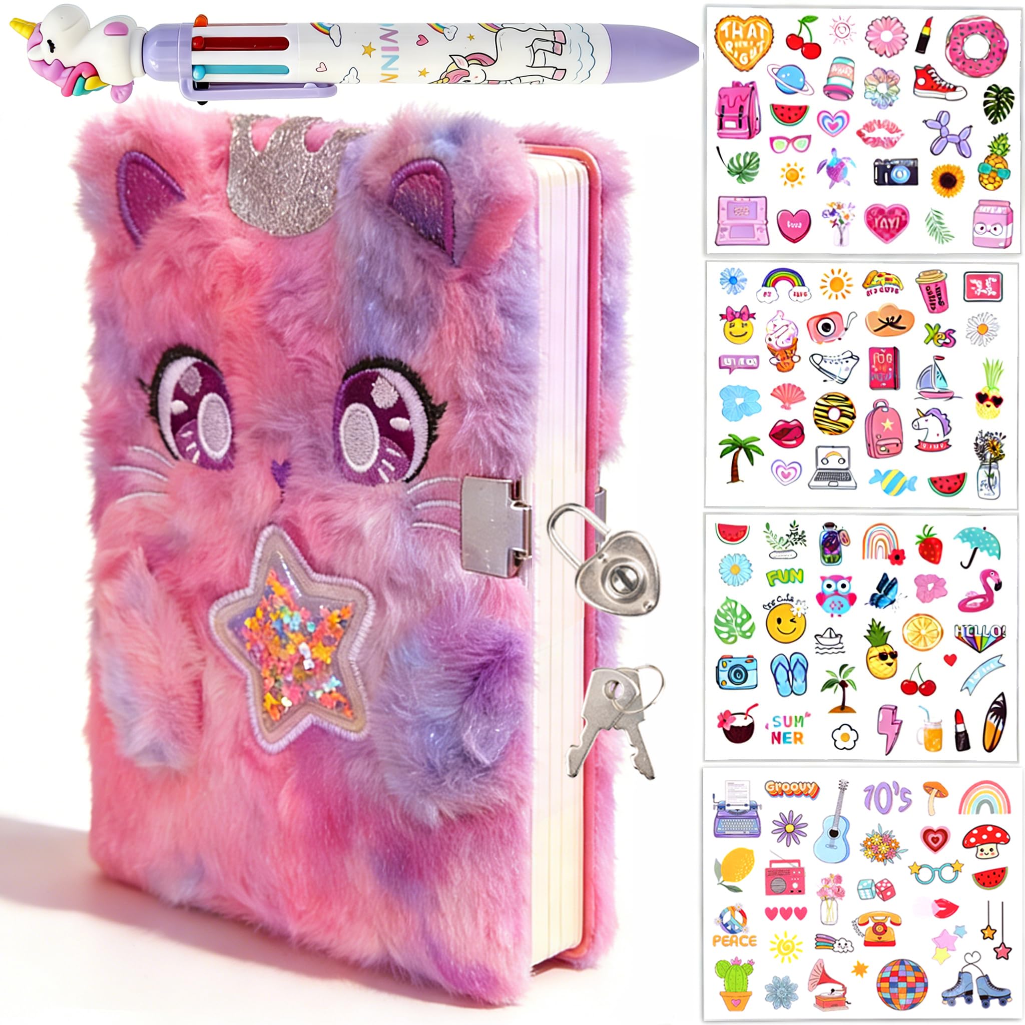Diario per ragazze con lucchetto e chiavi, diario scolastico e viaggio, set regalo per scrivere e disegnare, penna multicolore, adesivi, regalo di compleanno per ragazze (gatto viola)