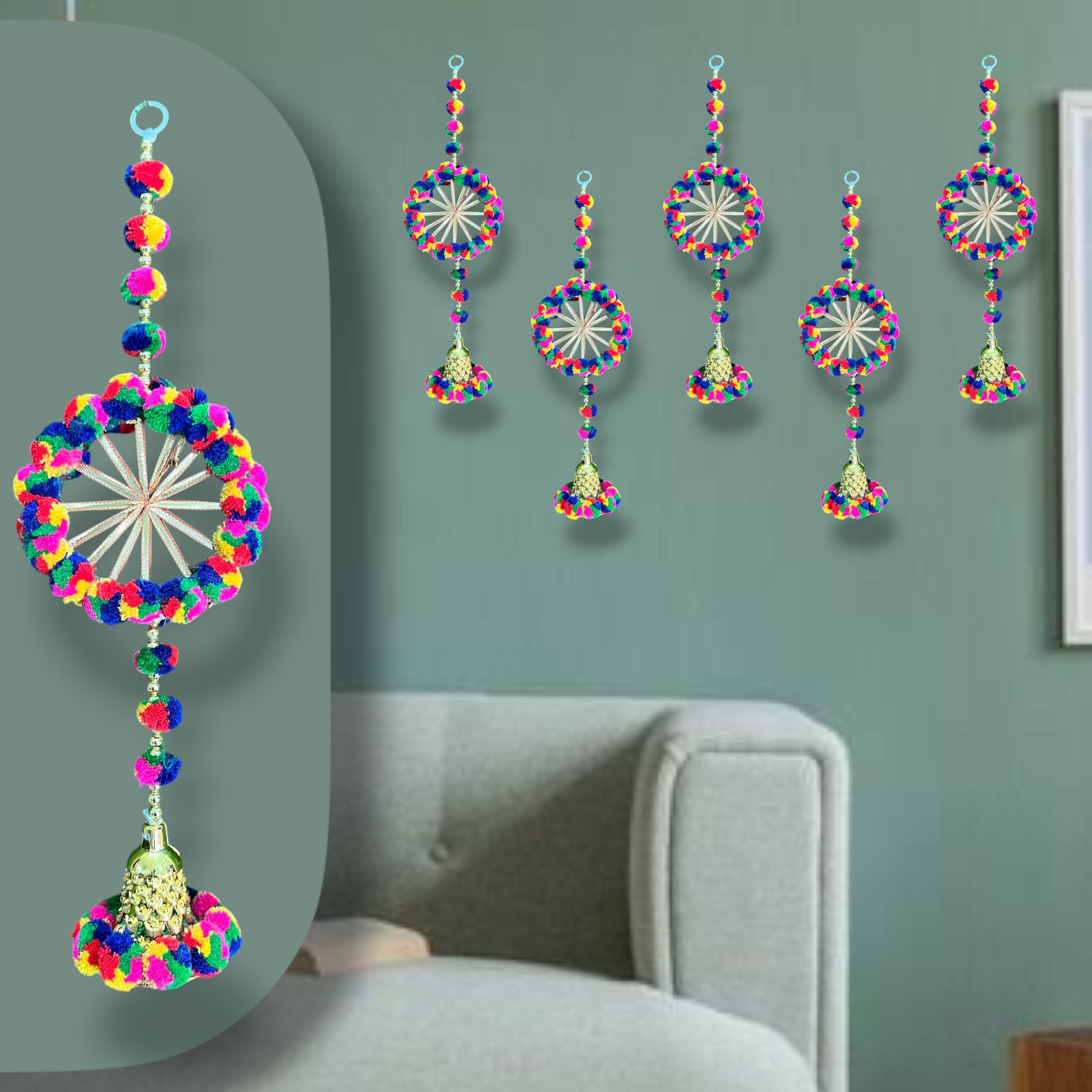 Rajasthan Kraft Artificial Pom Pom Hanging,Pack of - 5, Jali Bell, Golden Beads, Color - Multicolor, Size - 17 Inch Fest