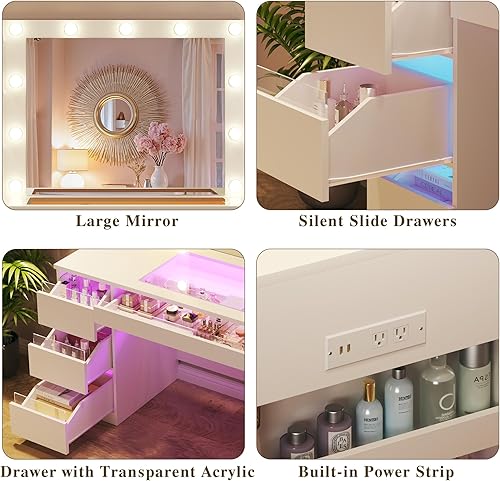 Miniatura 5 de Escritorio de tocador con espejo iluminado y parte superior de cristal, escritorio de tocador de maquillaje con 4 cajones transparentes e