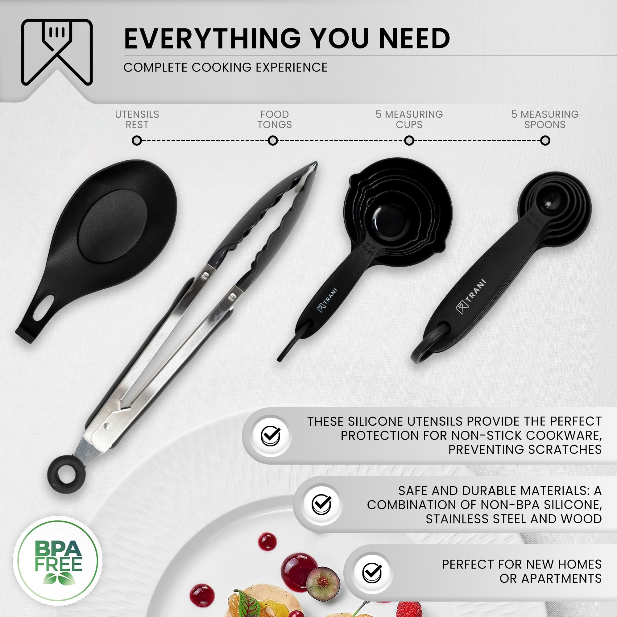TRANI Kitchen - Juego de utensilios de cocina de silicona de 33 piezas con soporte, compacto, resistente al calor hasta 230.0 °C, antiadherente y duradero con asas de madera natural, juego de