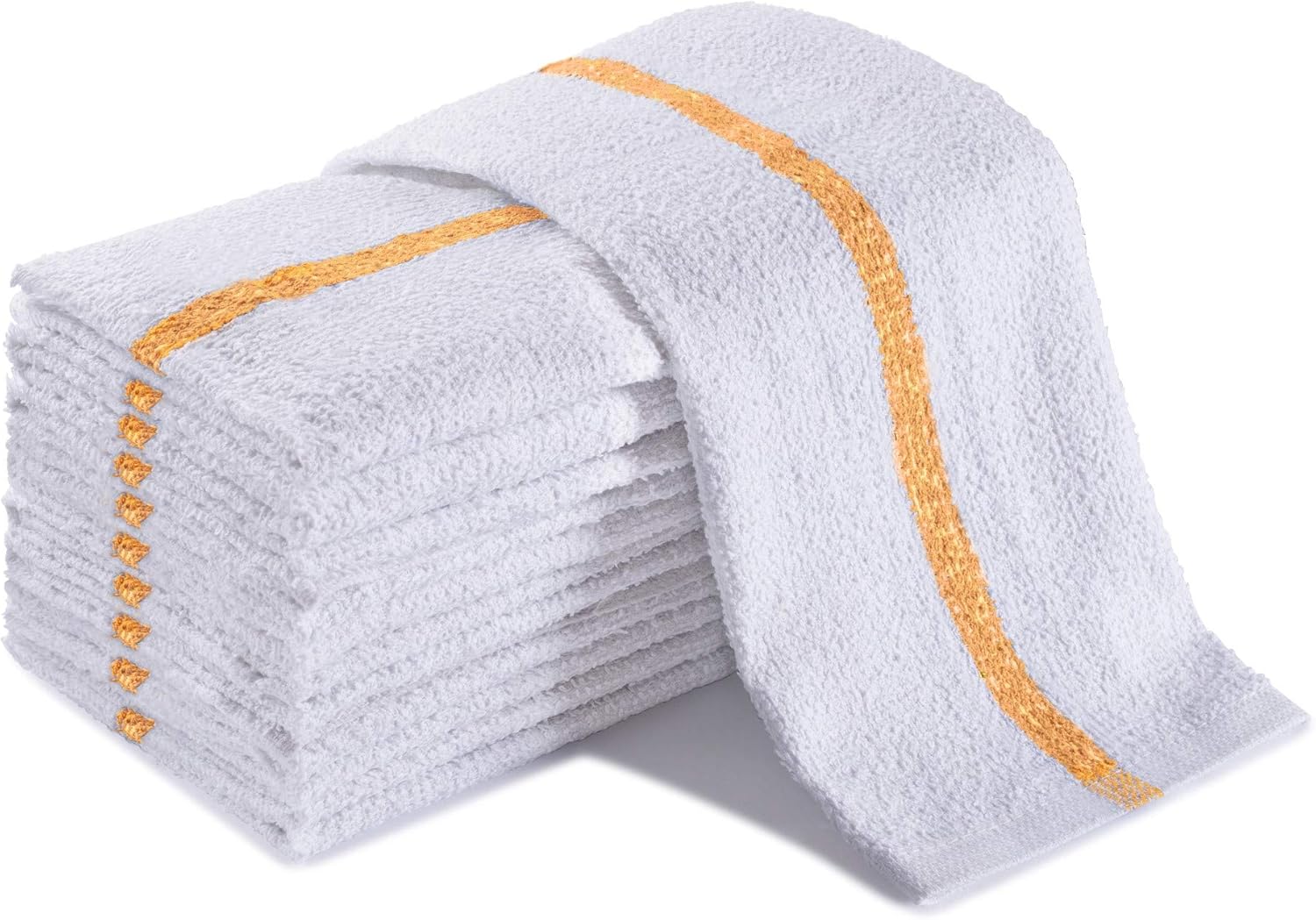 Universal Cleaning Towels, Gold Striped-White Bulk 36 Pack, 16” X 19” 100% Cotton Fully Bordered Commercial Grade Terry Weave Cloth Bar Mops for Everyday Restaurant or Home Use