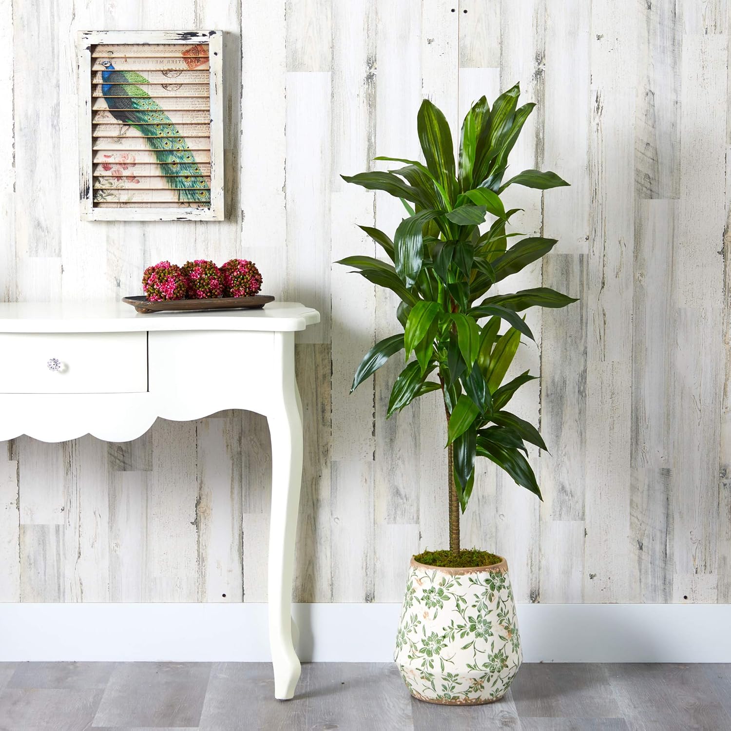 Nearly Natural 4ft. Dracaena Artificial Plant in Flower Print Planter (Real Touch)