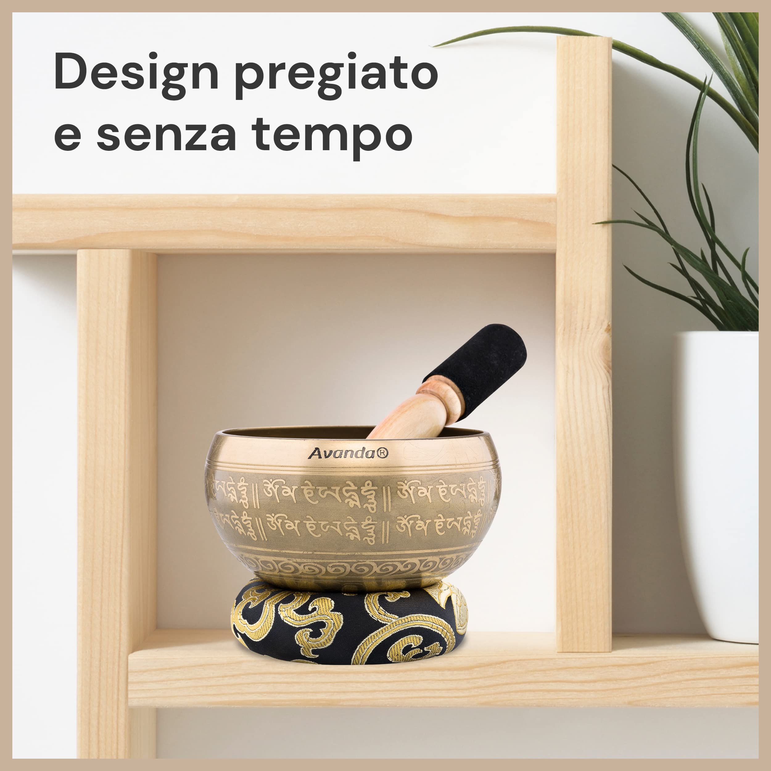 Set Campane Tibetane Om per Yoga, Meditazione e Relax - Campana Tibetana Dipinta a Mano Ø 10 cm, Doppio Battitore con Feltro e Pelle, Cuscino per Anelli, Borsa e Istruzioni
