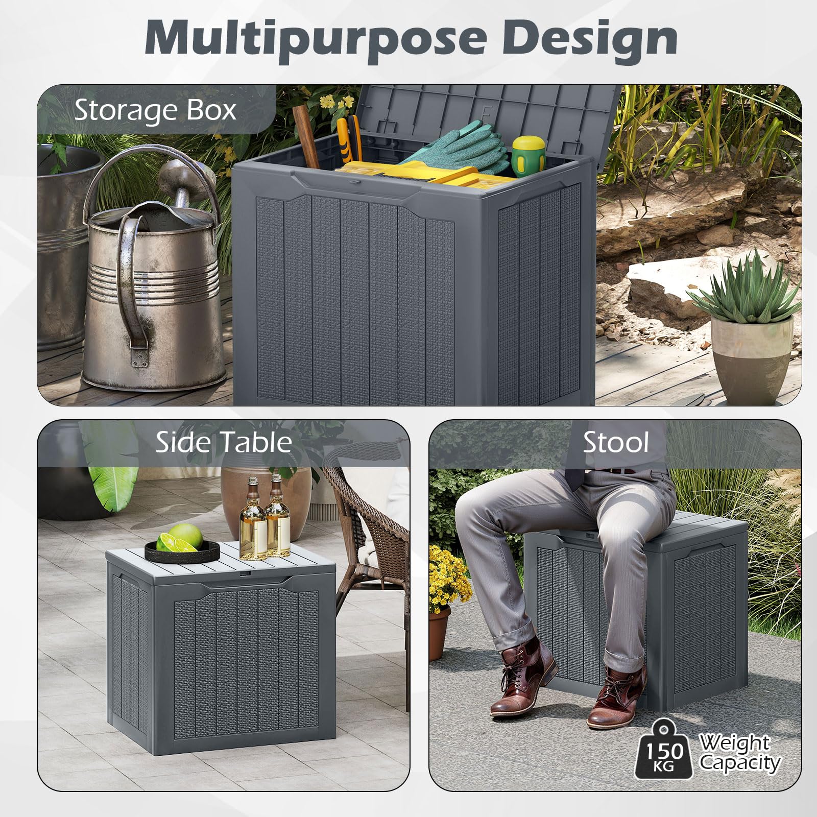 FANTASK 106L Gartenbox, 56 x 41 x 50,5 cm, Outdoor Kissenbox mit abschließbarem Deckel, Auflagenbox wasserfeste, Schrank Rattan-Optik für Poolzubehör, Gartengeräte, Pakete (Grau)