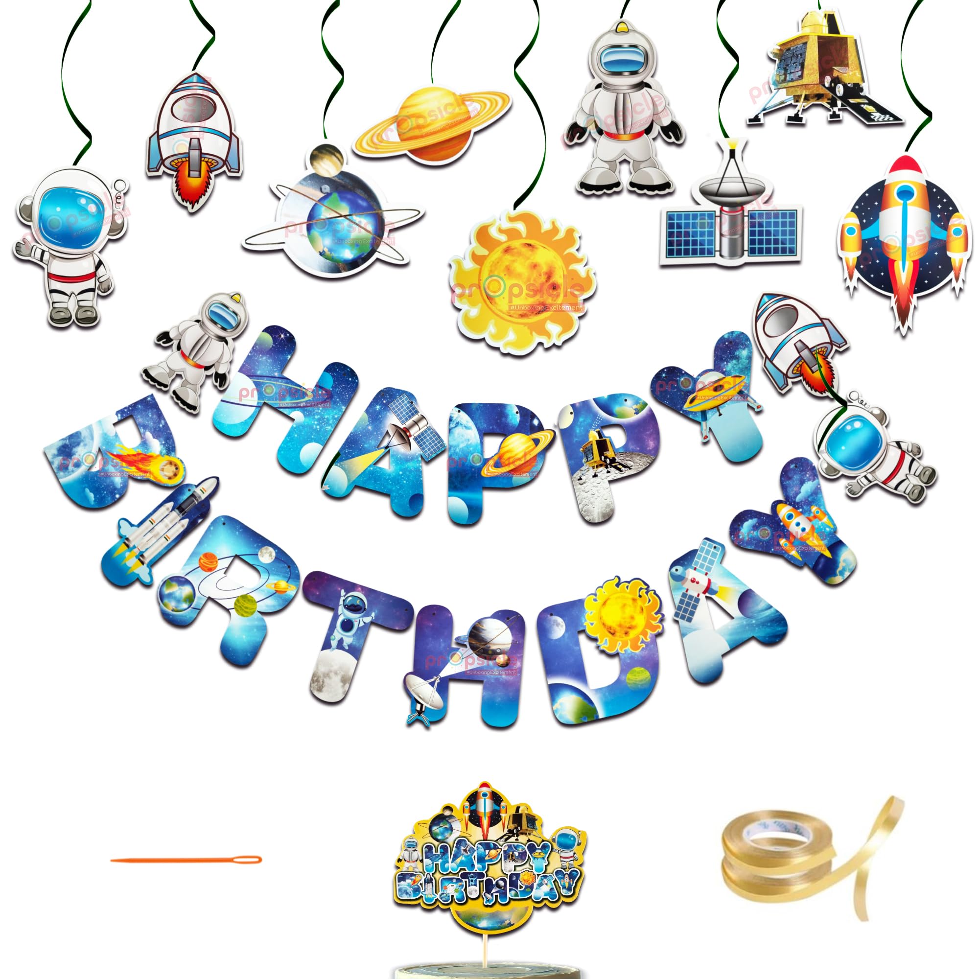 Propsicle Space Theme Happy Birthday Banner Set - (Pack of 28 Pcs) Astronaut, Rocket, Planets Cutouts with Cake Topper, Outer Space Party Decorations for Kids Birthday Backdrop-image-49
