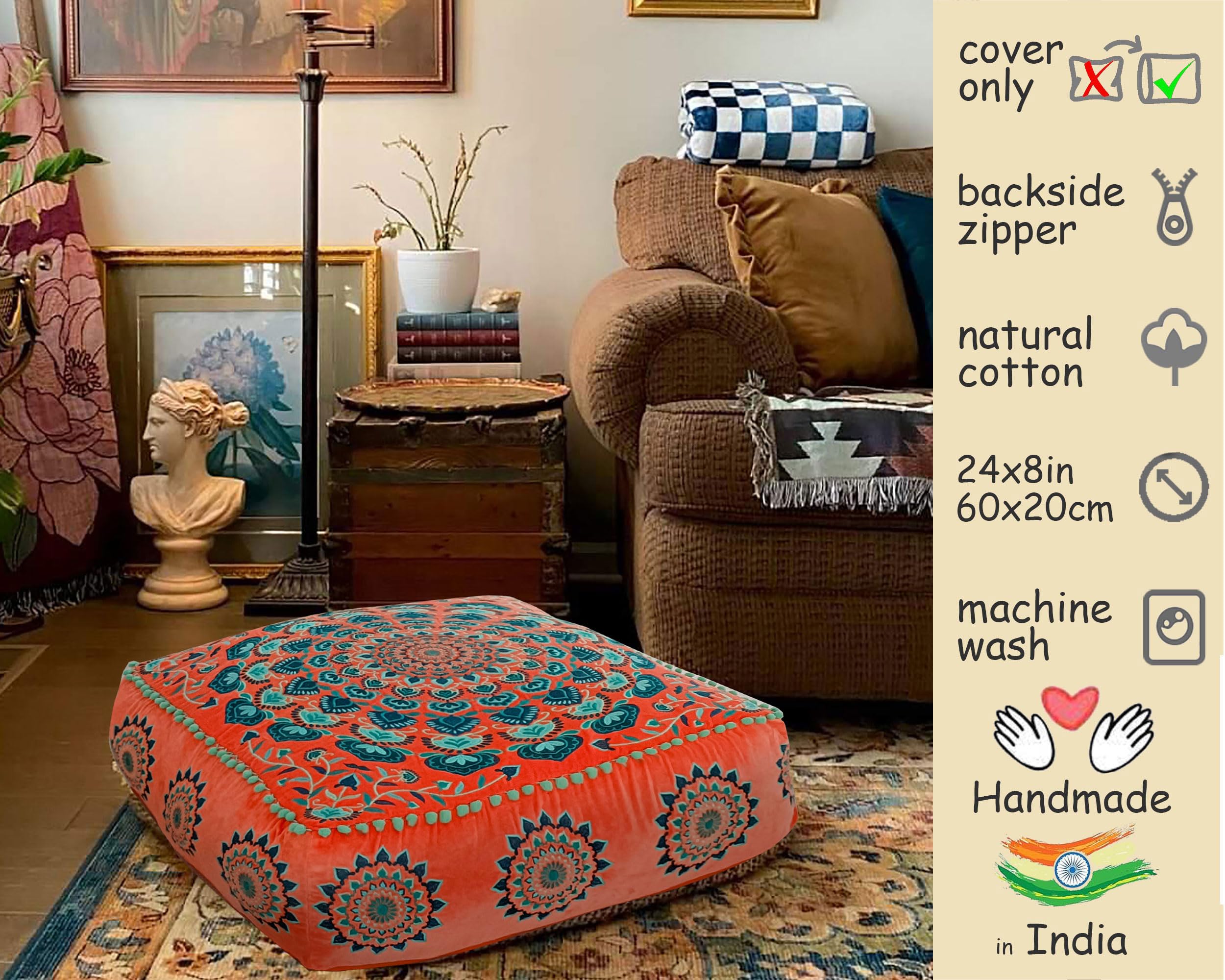 Mandala Life ART Orange Velvet Pouf Cover - Soft Sqare Floor Pillow - Embroidered Ottoman Slipcovern, 24x24x8 Inches, Ideal for Living Room, Bedroom, or Meditation Space - Boho Decor Cushion