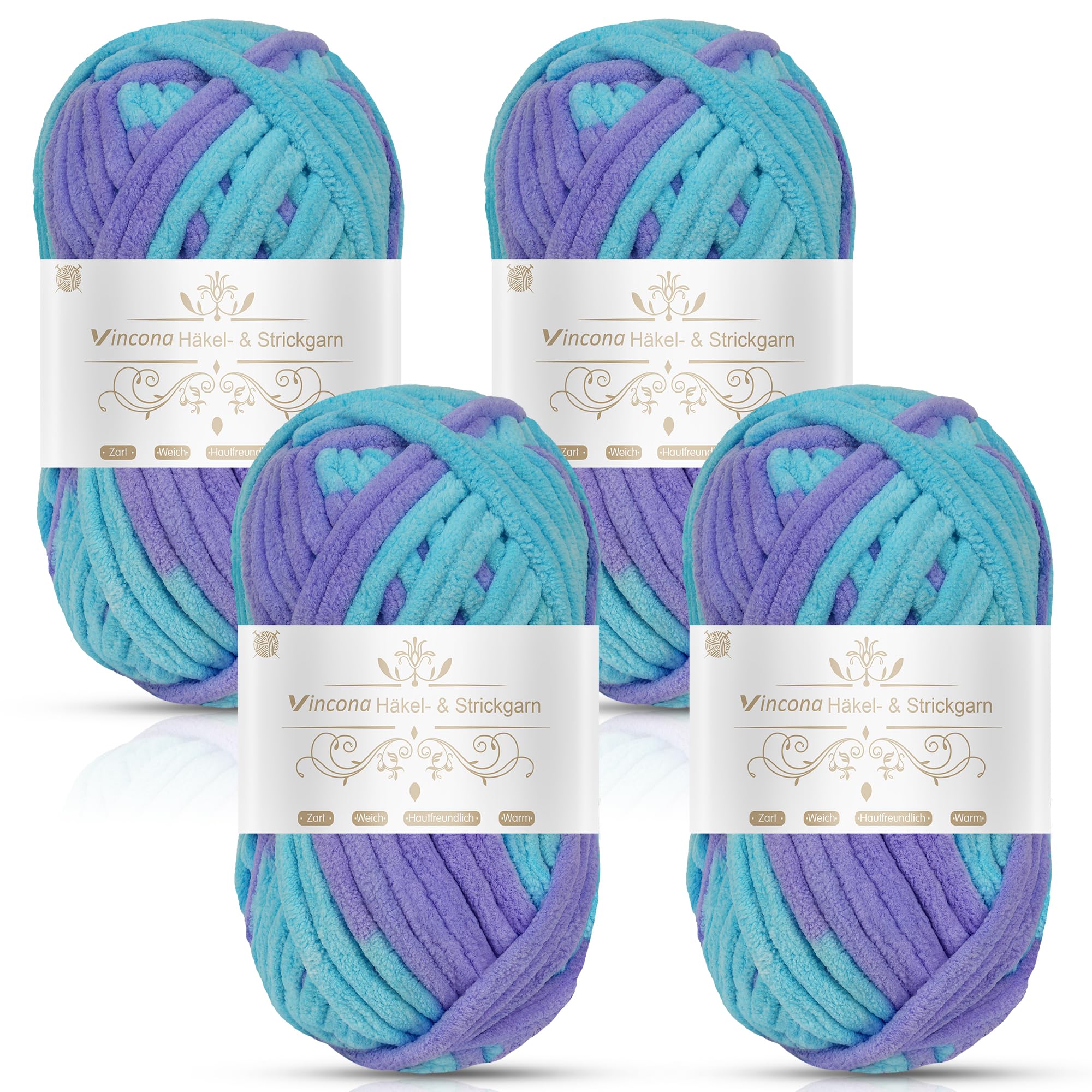 Vincona Chunky Yarn 4 x 100g Multi-Colored Soft Chunky Wool for Hand Knitting, Thick Yarn for Knitting 100g Balls, Soft Fluffy Velvet Thick Knitting Yarn for Crochet Blankets, Amigurumi Blue Purple