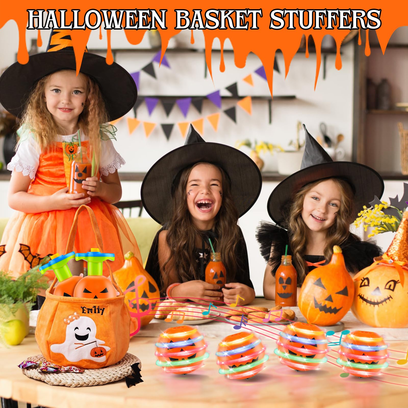 Halloween Mitgebsel Kinder, Halloween Kreisel fürJungen und Mädchen, 4 Stück Kürbis-Kreisel mit Licht und Musik, Dekompressions Ziehspielzeug für Jungen Mädchen Party Mitgebsel
