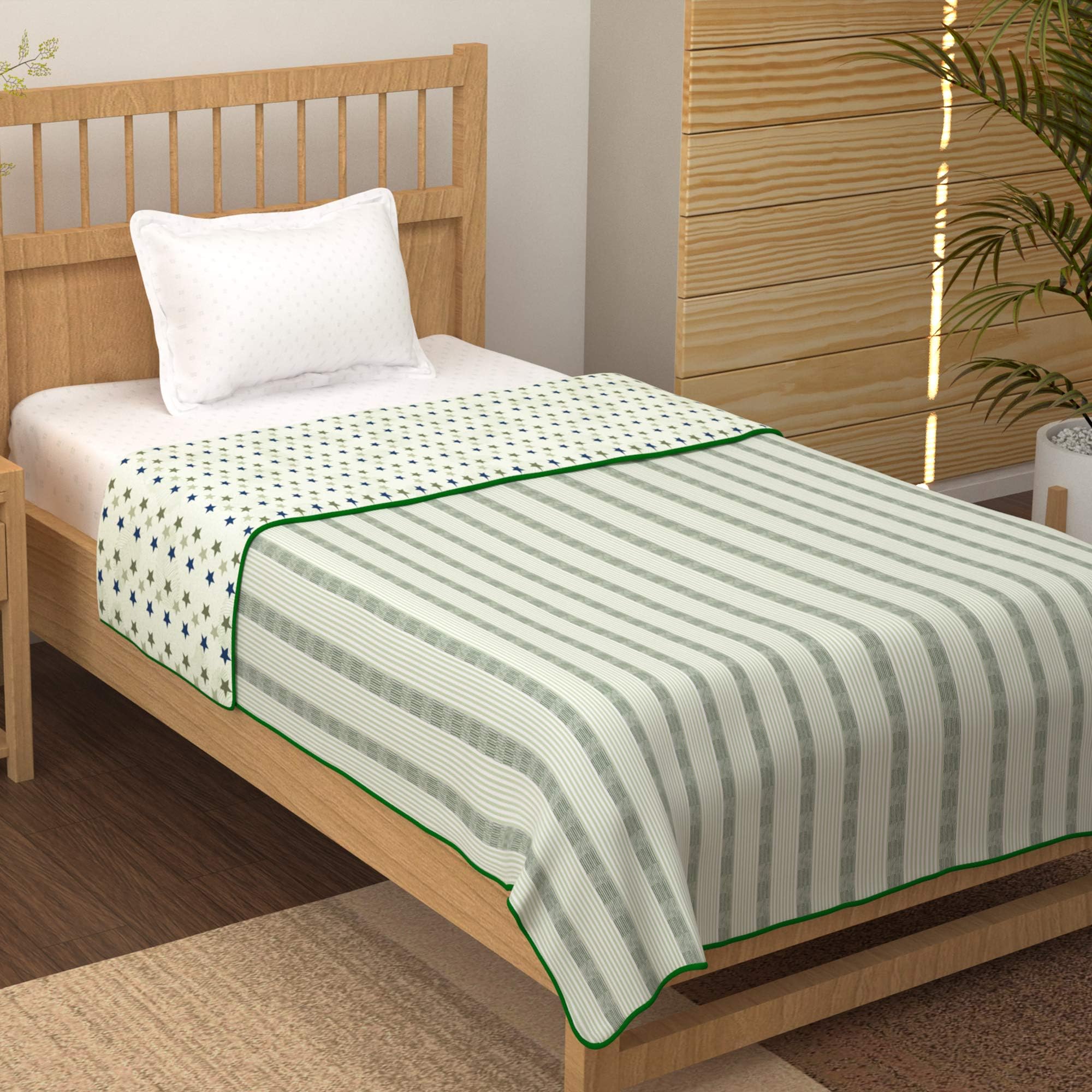 Story@Home Cotton Star and Stripes Pattern Reversible Single Blanket/Duvet/Comforter/AC Dohar (56 x 86 Inches, White and Green)