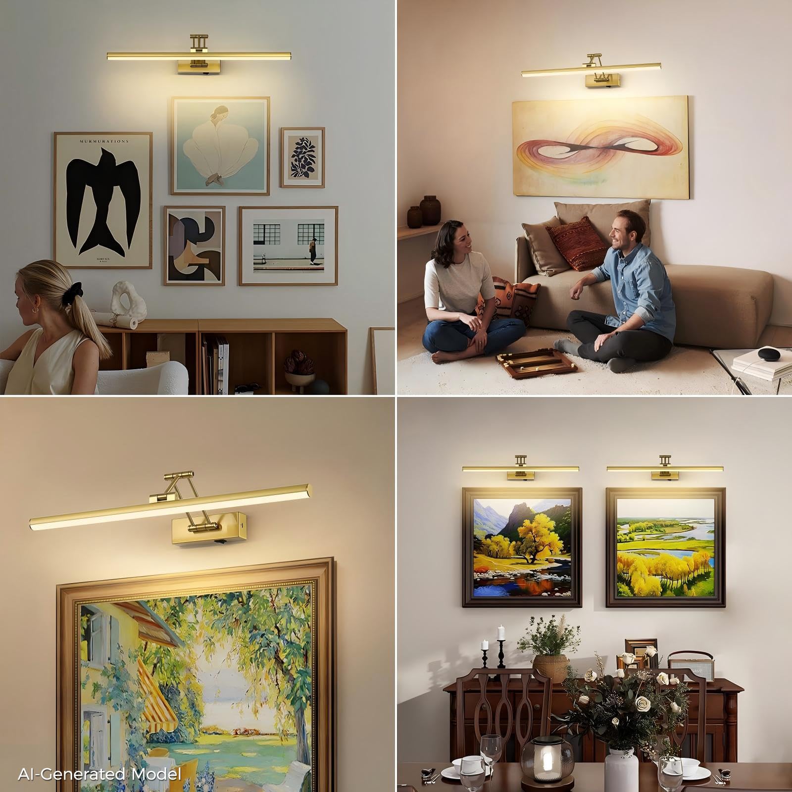 Joossnwell Luce per foto a batteria per illuminazione artistica ricaricabile da parete per dipinti Wireless 23,62 pollici cornice luce con telecomando dimmerabile Galleria Luce in ottone per