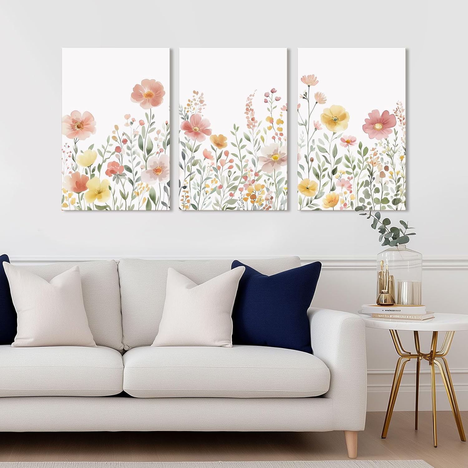 Colorful Wildflower Canvas Wall Art Set of 3 Framed - Pink Floral Watercolor Prints, Modern Minimalist Flower Painting Girls Botanical Nursery Decor for Living Room Bedroom Bathroom, 16x24 Inch