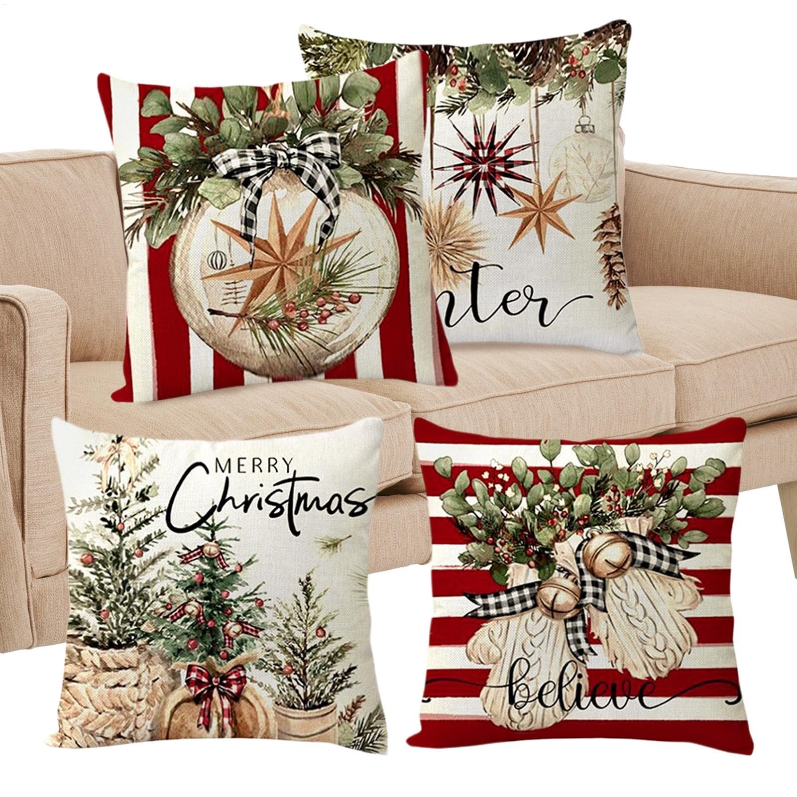 Housse de coussin Noël rustique 45x45 cm lot de 4 pour déco canapé salon