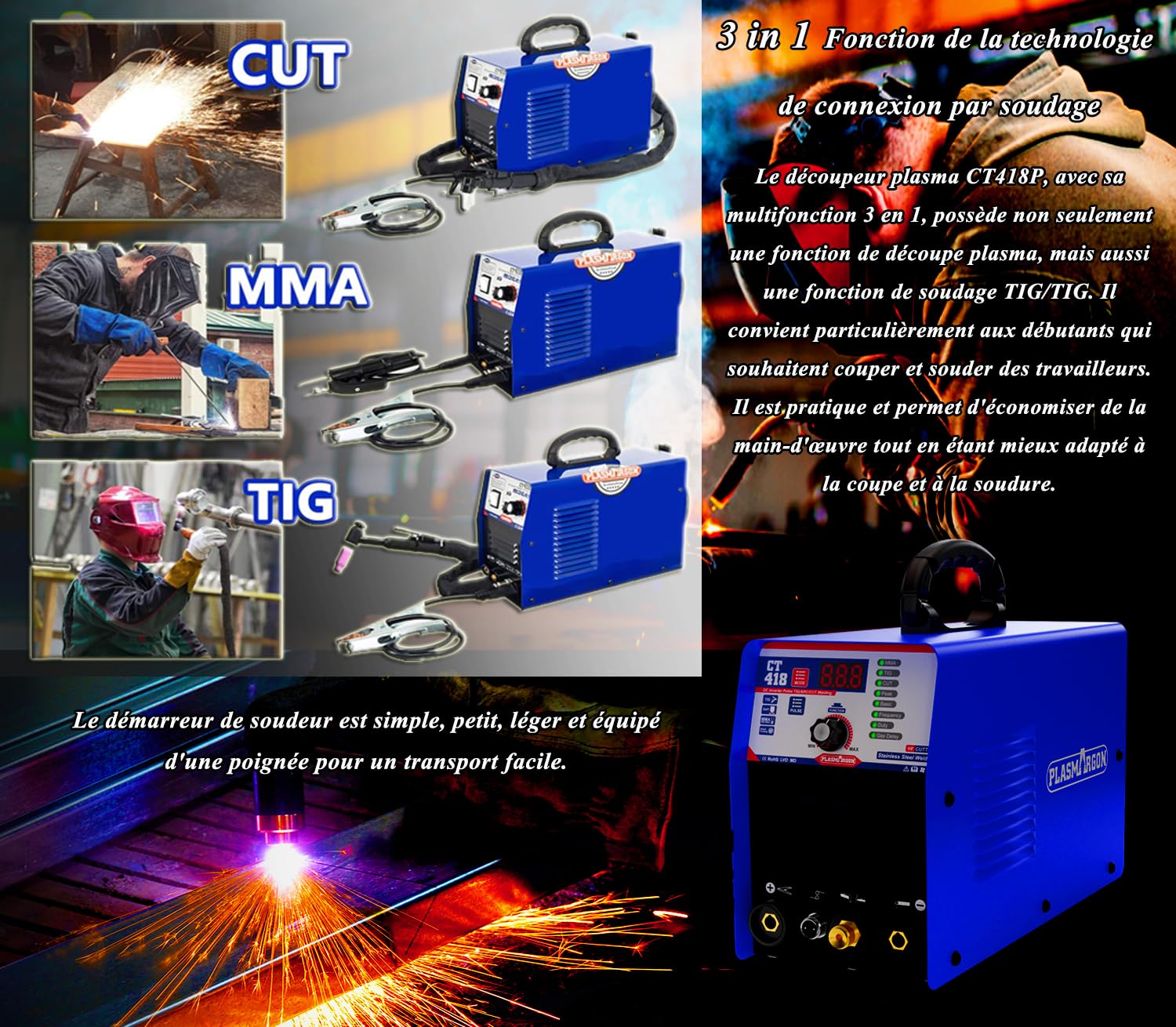 Poste à souder 3 en 1 - Découpeur à plasma WIG - Soudeur MMA à onduleur - Combinaison de soudage plasma TIG MMA | IGBT | Affichage LCD numérique | Allumage HF CT418P