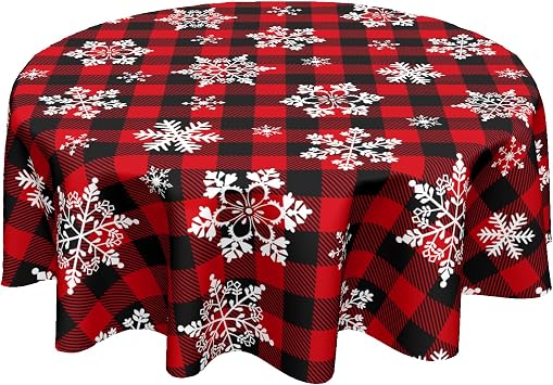 Sweetshow Christmas Round Tablecloth 60 Inch Red Black Buffalo Plaid Tablecloth Waterproof Polyester Xmas Winter Snowflake Table Cloth Table Cover for Kitchen Dining Room Picnic Patio Party