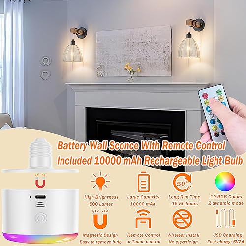 Miniatura 2 de Aplique de pared a pilas, juego de dos apliques de pared inalámbricos con control remoto, luces de pared regulables para interiores con pilas para