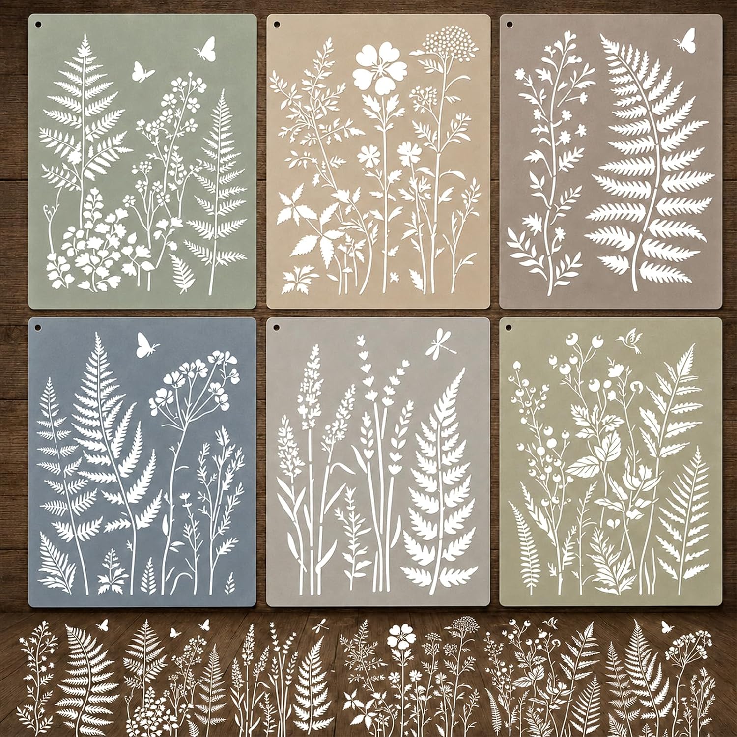 6 Pack Botanical Wall Stencil Kit for Painting,14.5"x11" Large Leaf & Flower Template with Scraper for Wood,Wall,Home Art,Reusable Modular Stencil with Floral Fern for Craft,Canvas,DIY Furniture Decor