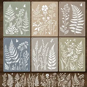 6 Pack Botanical Wall Stencil Kit for Painting, 14.5"x11" Large Leaf & Flower Templates with Scraper
