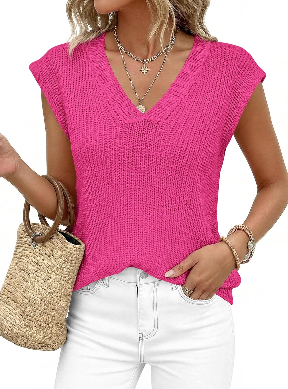 PRETTYGARDEN Women's 2026 Lightweight Sweaters Vest Spring Trendy Cap Sleeve V Neck Knit Tank Tops Summer Going Out Outfits