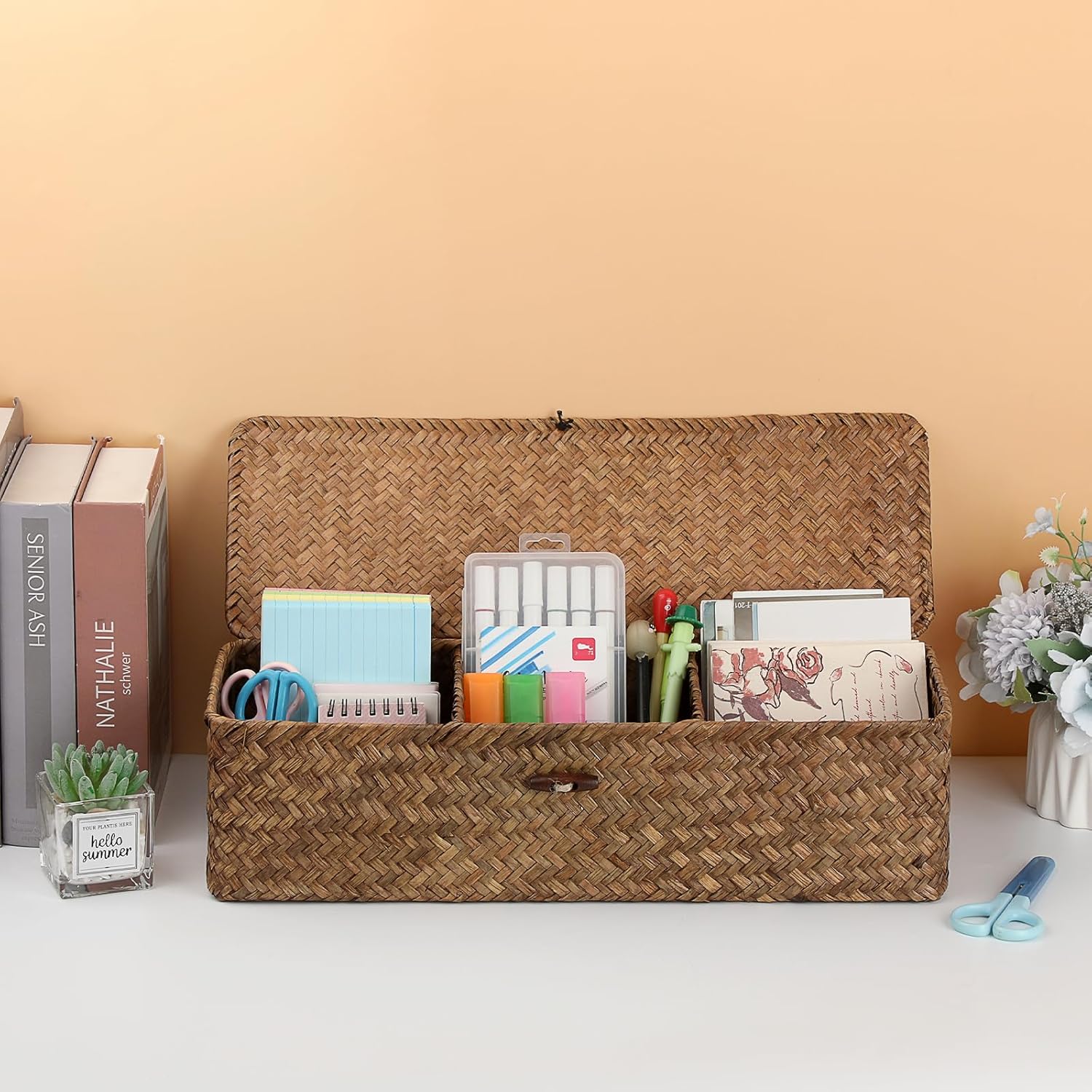 Hipiwe Handwoven Seagrass Storage Basket with Lid Rectangular Toilet Paper Holder 3 Sections Home Organizer Bin for Bathroom Shelf Kitchen