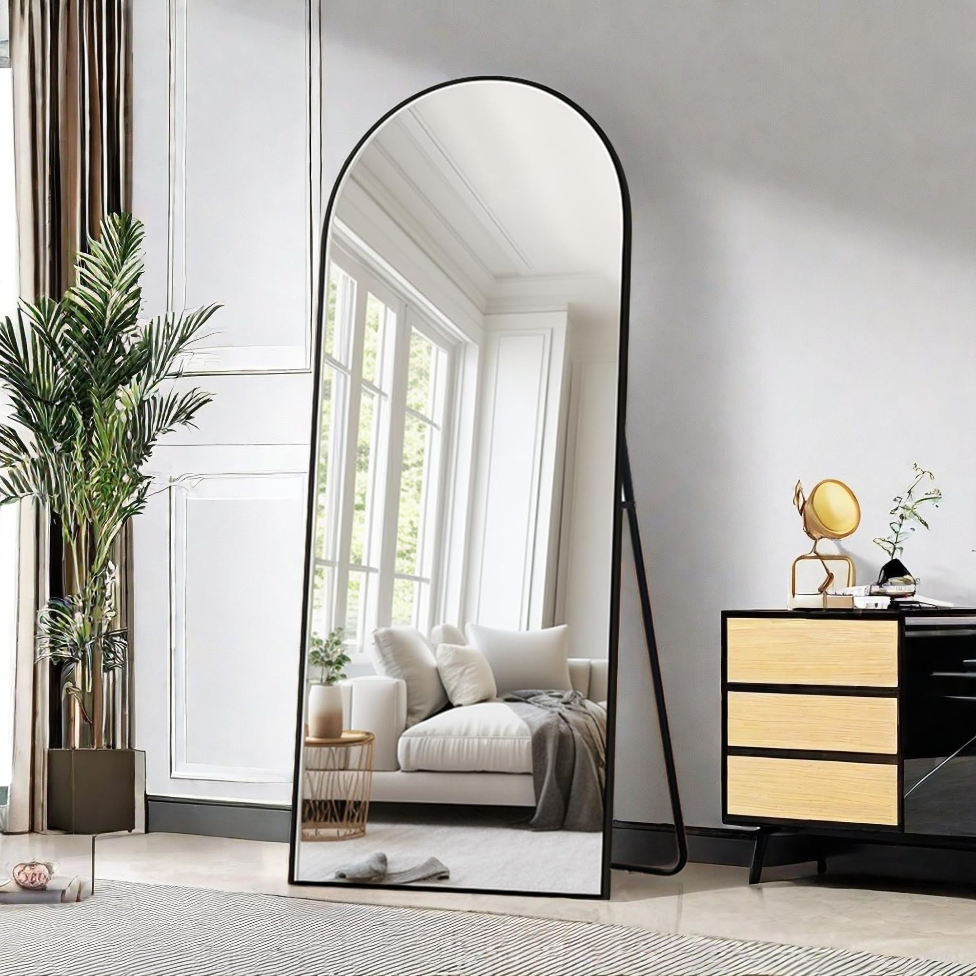 full length mirror with stand, 63" x 20" full body mirror leaning standing wall mounted floor mirror, aluminum alloy frame modern home decor for bedroom living room, arched-64in-black