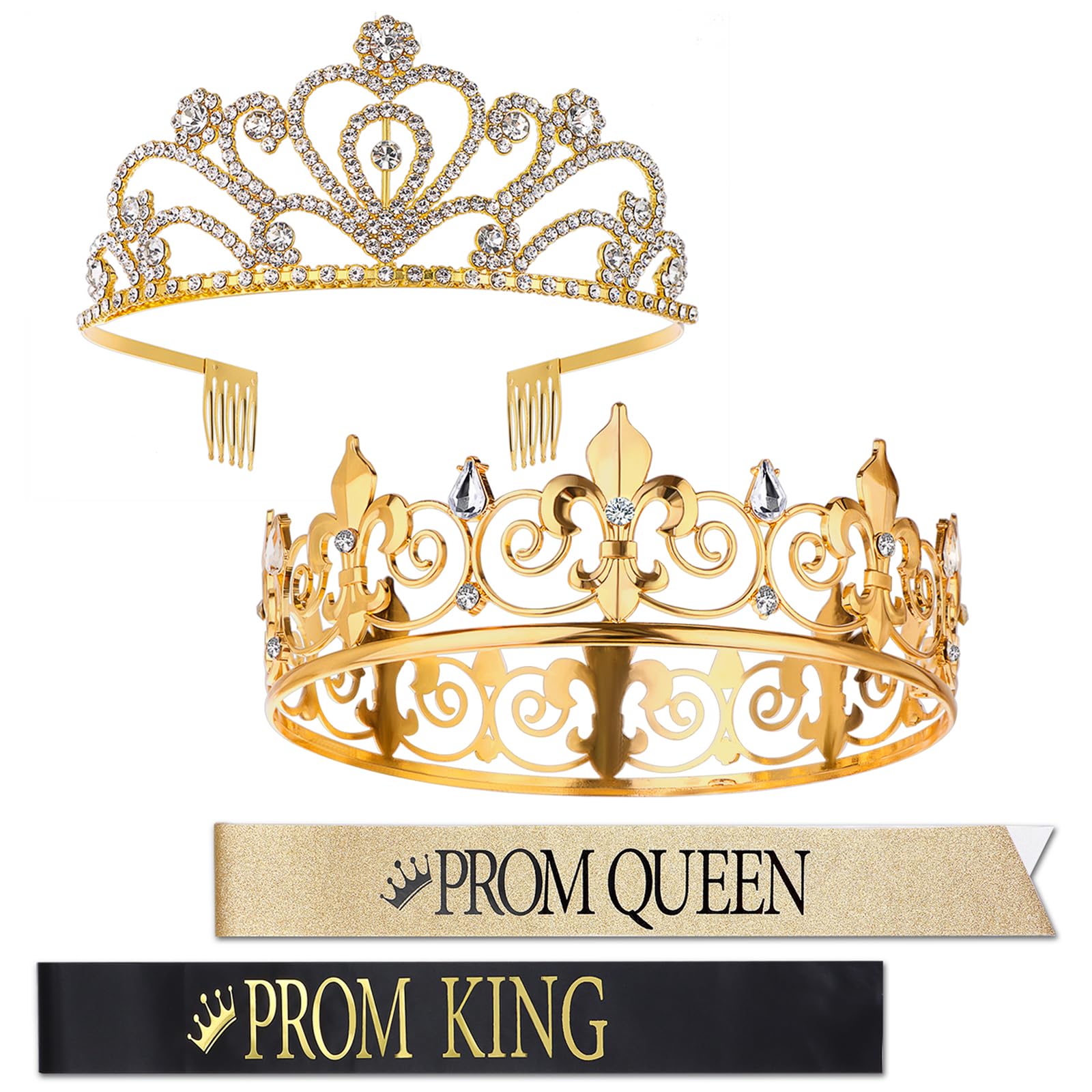 4 Pcs Prom King and Queen Crowns with Sashes Set King Crowns for Men Shiny Satin Sash Rhinestone Crystal Crown Tiara for Women Kings Queen Tiara Sash for Wedding Birthday Party Graduation Halloween