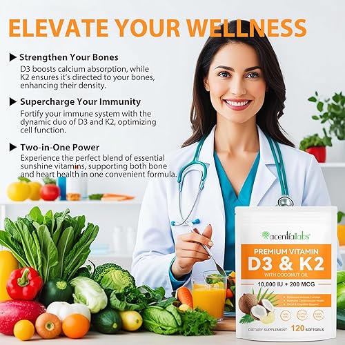 Miniatura 5 de Cápsulas blandas de suplemento de vitamina D3 K2, 10000 UI VIT D3 + 200 MCG K2 (MK-7)  Fórmula de reposición 2 en 1 con aceite de coco, apoya la