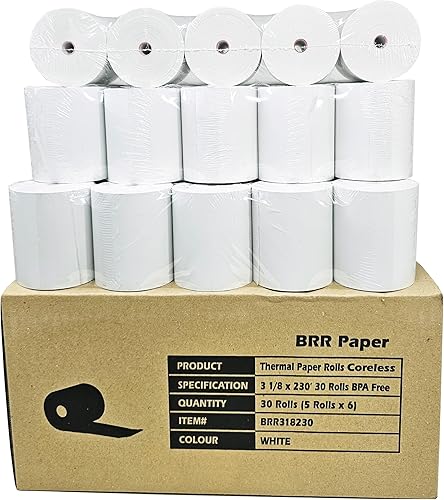(30 rollos sin núcleo - 50 GSM) 3 1/8 x 230 rollos de papel térmico para recibos se adapta a todas las impresoras Clover POS Cash Register para