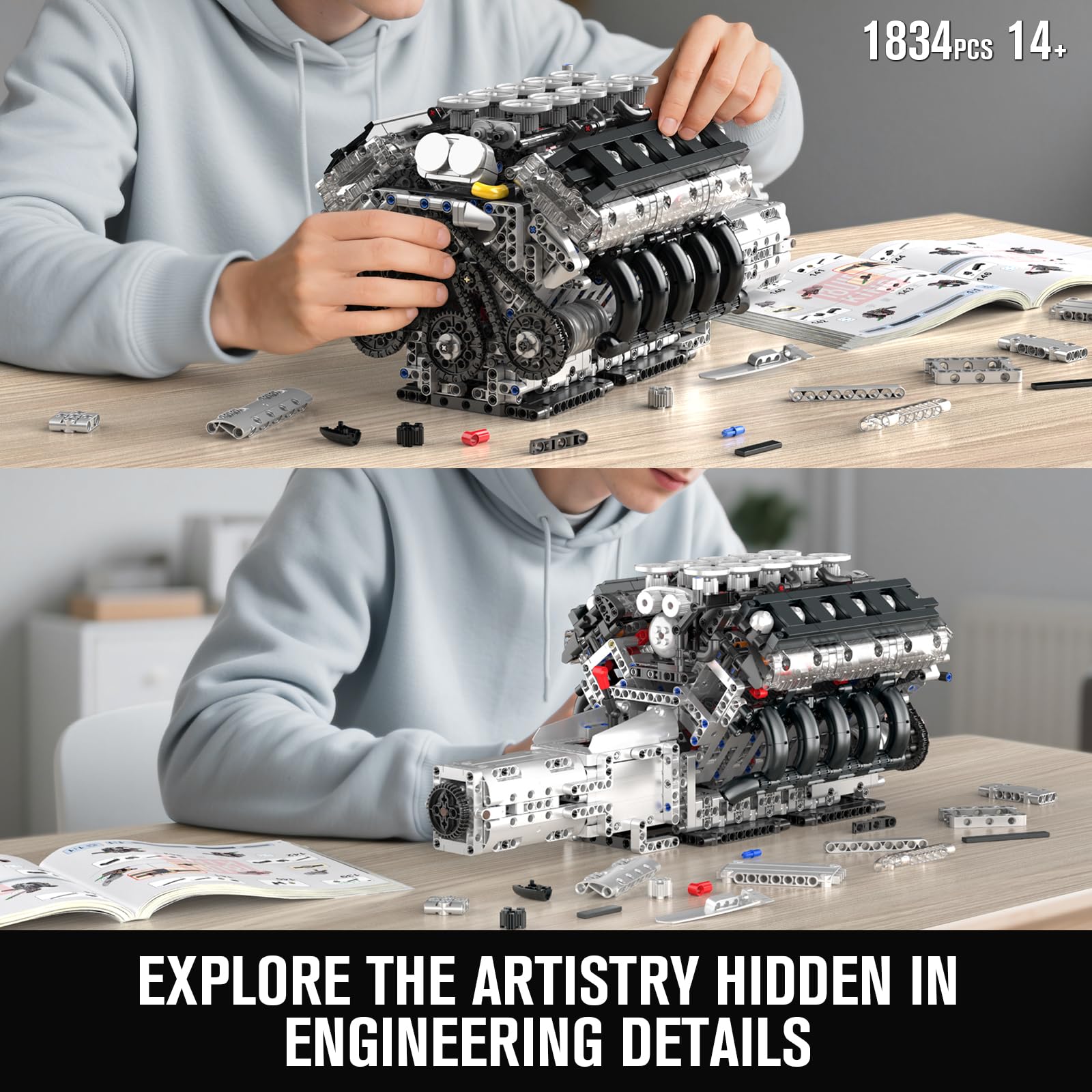 Mould King 10250 MOC Technik V10 Motor Baustein, 1834 Teile Sportwagen Klemmbausteine kit, STEM Spielzeug für Erwachsene und Sammler