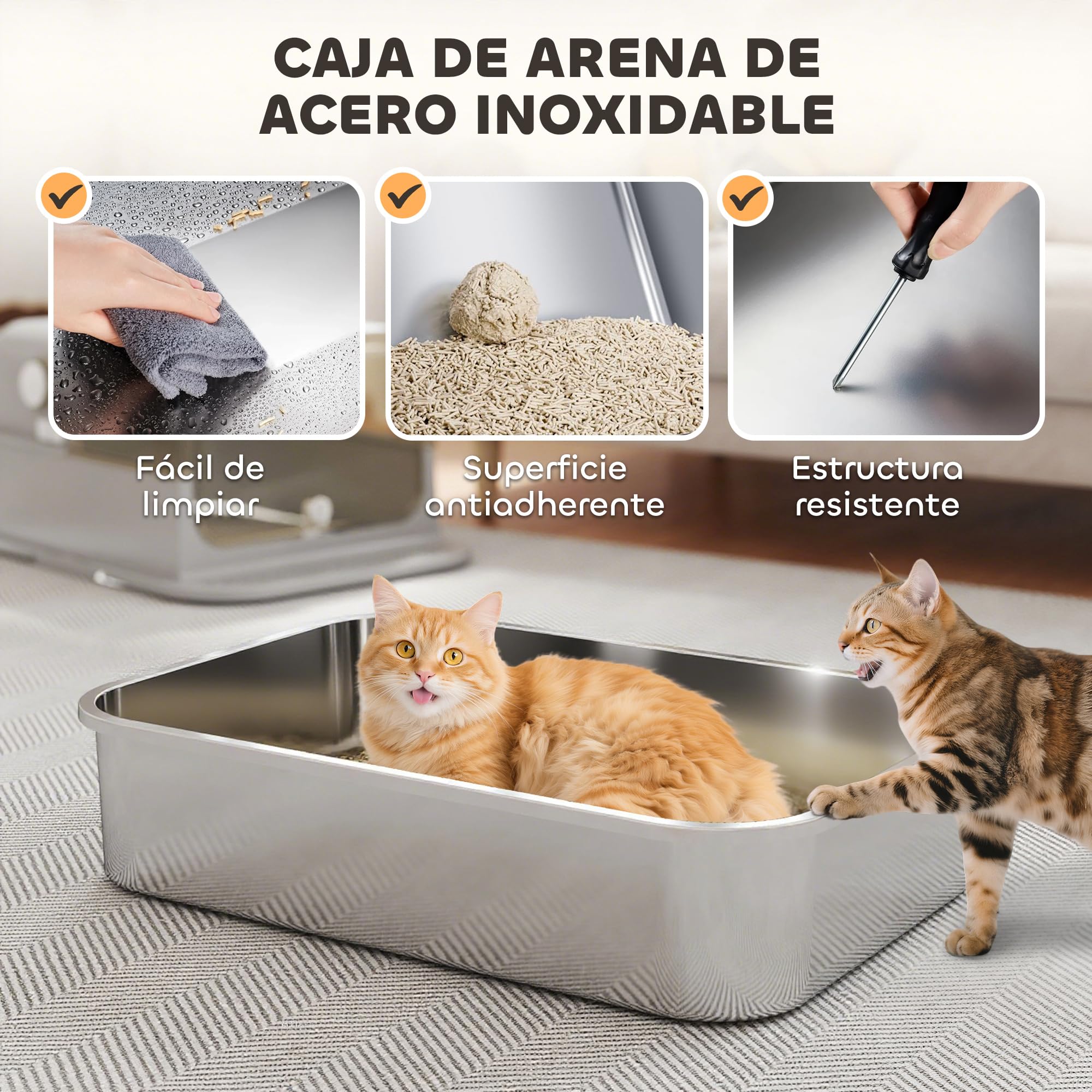 PawHut Arenero para Gatos de Acero Inoxidable XXL para Gatos Grandes Gris | Caja de Arena, Tapa Abatible, Laterales Altos, Entrada Superior, Pala, sin Olores, Fácil de Limpiar, Antifugas