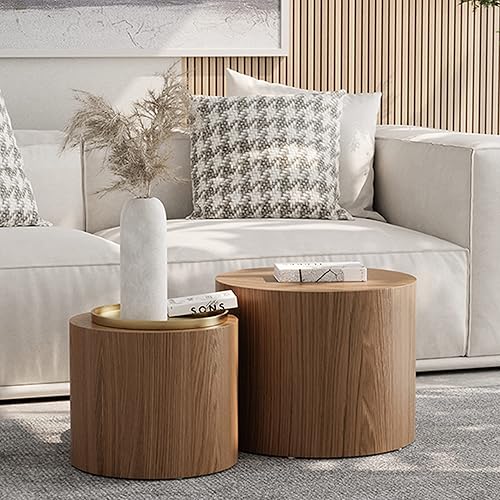 Miniatura 8 de Homtique Juego de 2 mesas auxiliares modernas de madera circulares para espacios pequeños, juego de mesa auxiliar redonda para sala de estar,