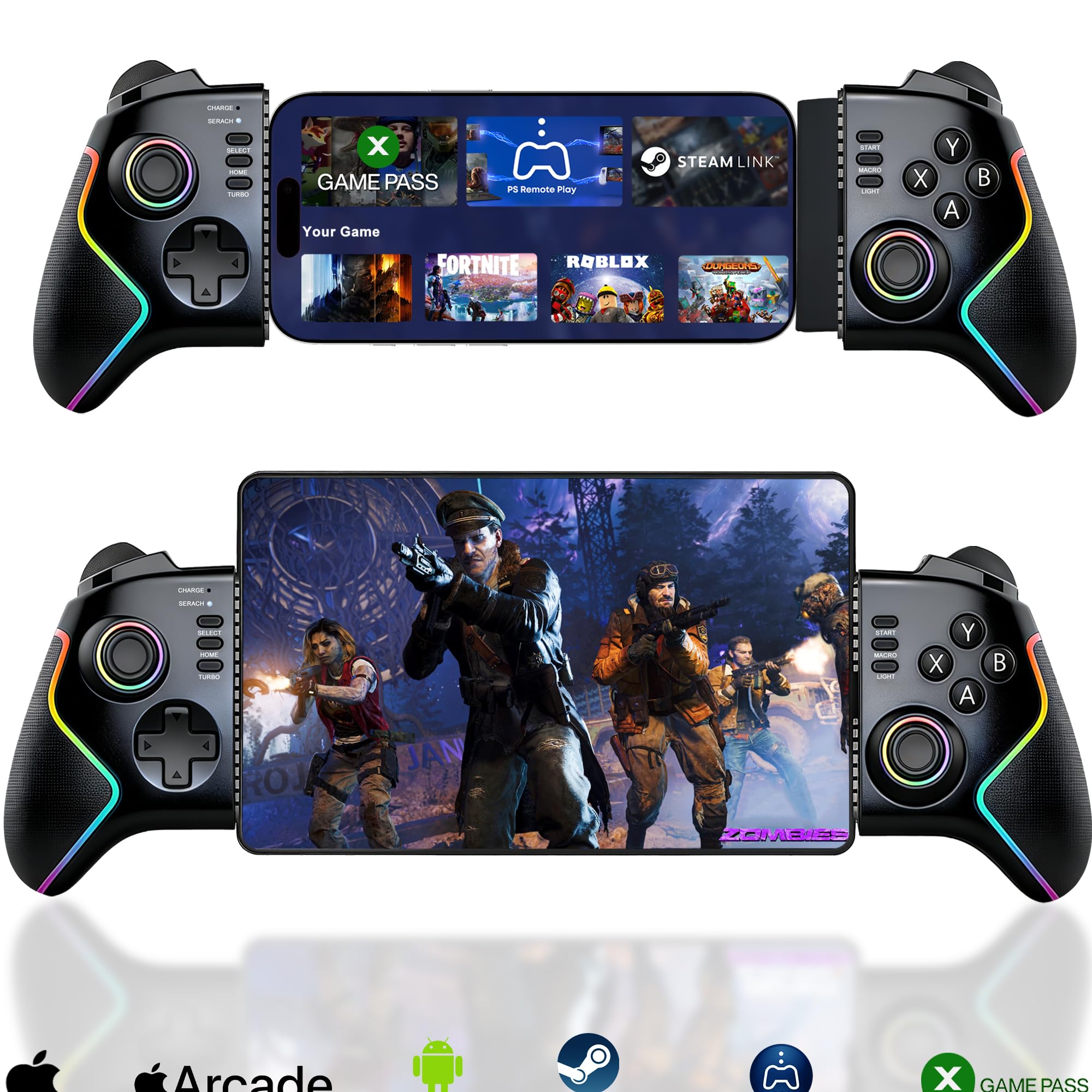 Megadream Controlador de juegos para iPad/tablet (hasta 13 pulgadas), mando móvil con joysticks y disparadores, macro, turbo, iluminación RGB, mando a distancia para Xbox/PS5/PS4/PC