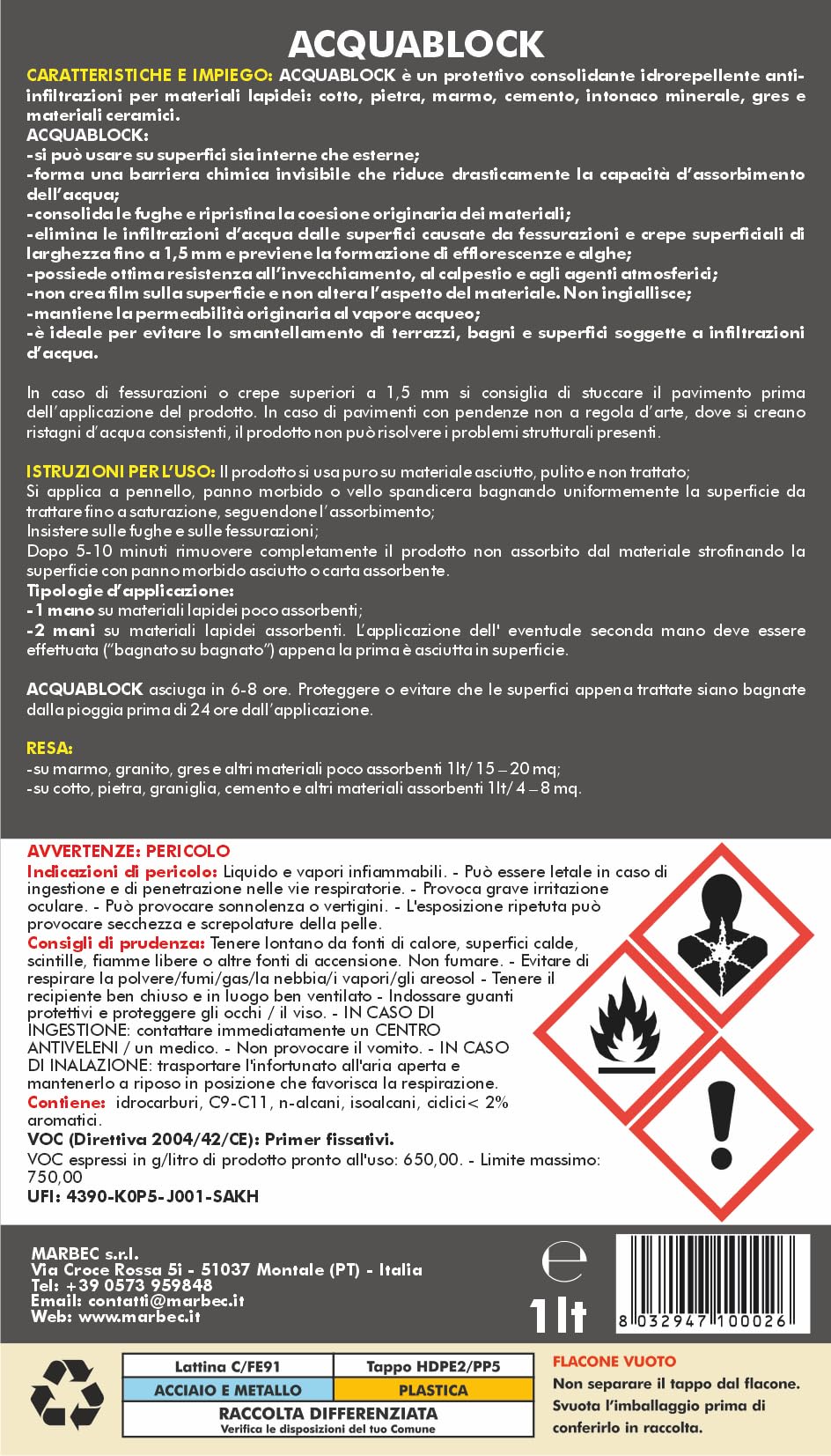 MARBEC ACQUABLOCK 1LT Protettivo consolidante anti infiltrazioni invisibile per pavimenti, rivestimenti, terrazze e docce interne ed esterne
