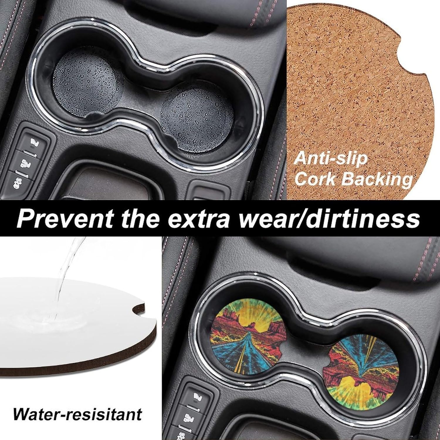 Retro Tiedye Road Desert Cute Car Coasters 2.56 Inch Absorbent Cup Holder for Drinks Auto Interior Accessories
