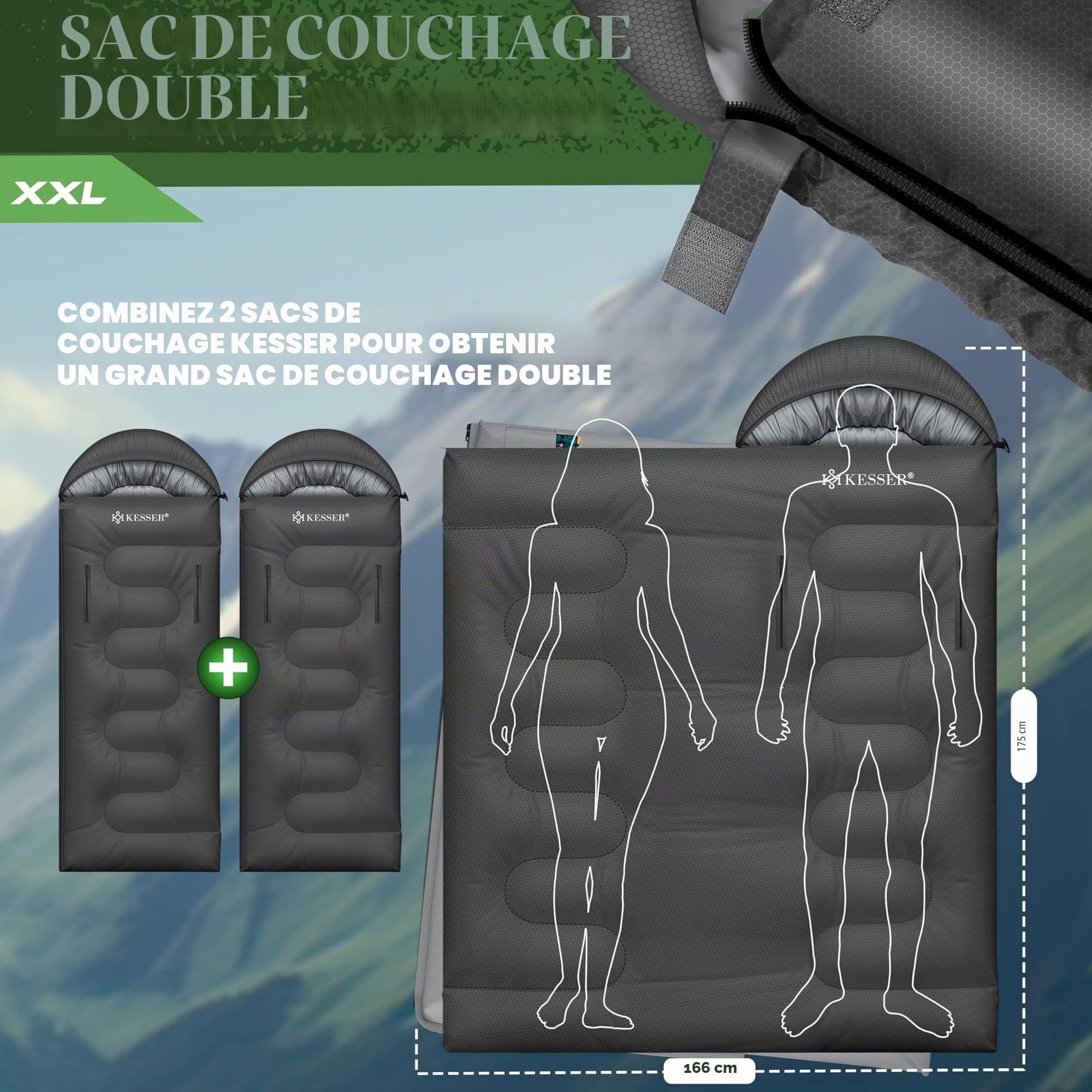 KESSER® Sac de couchage d'extérieur | Sac de couchage couverture 3-4 saisons | Sac de couchage de camping pour adultes et enfants | Léger et portable, chaud et imperméable avec lampe de camping et
