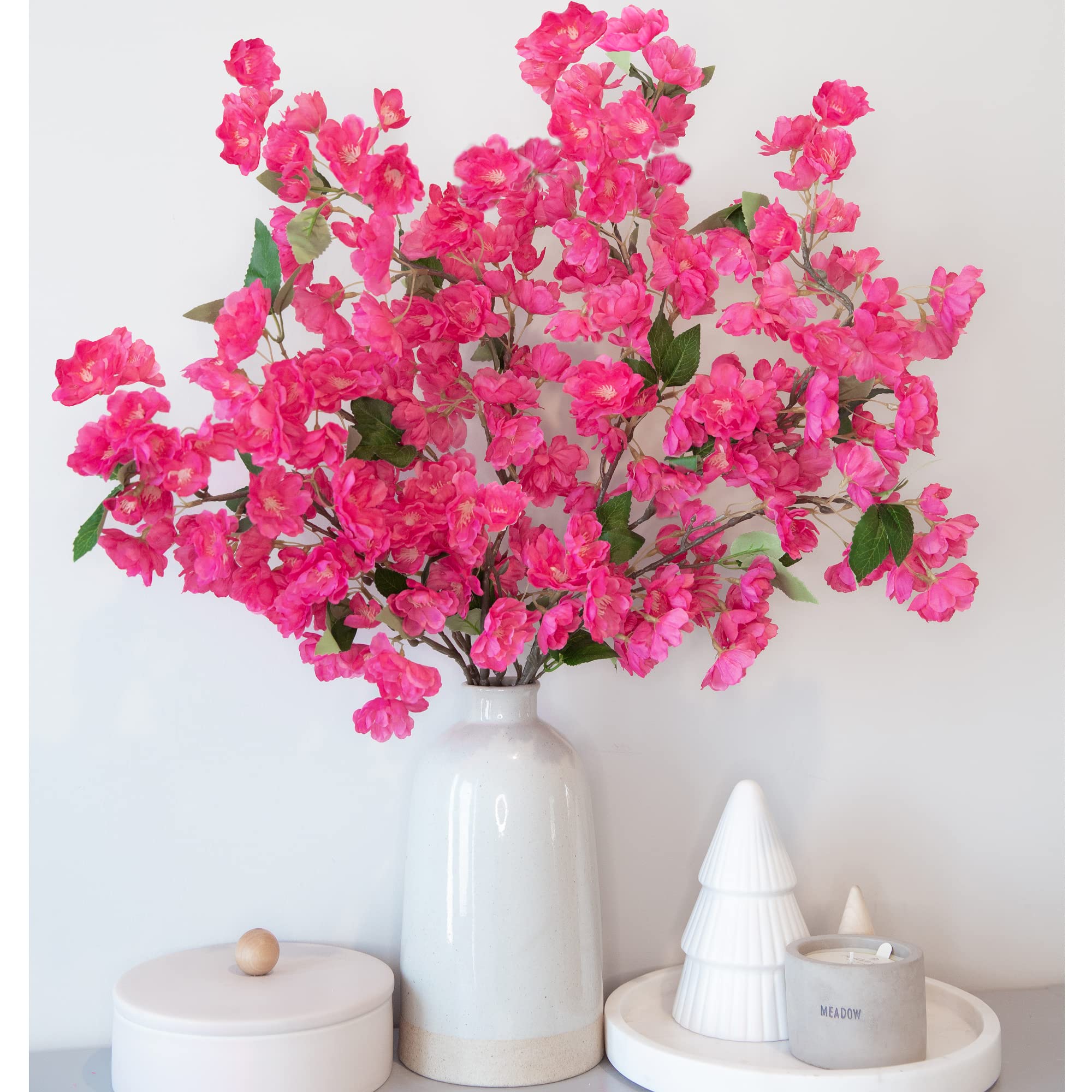 MJFloriaArtificial Silk Cherry Blossom Flowers Branches, Faux Cherry Peach Tree, Plum Boutique for Vase Centerpiece Floor Arrangements, Home Decoration, Wedding, Party – 36” Long Tall Stems, Hot Pink