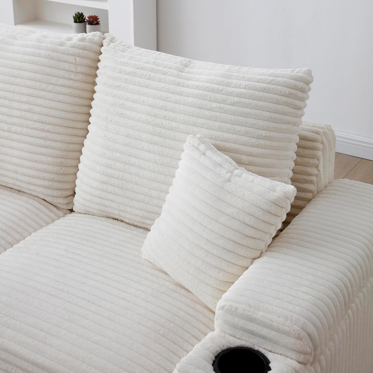 Close-up of the corduroy fabric and cushions