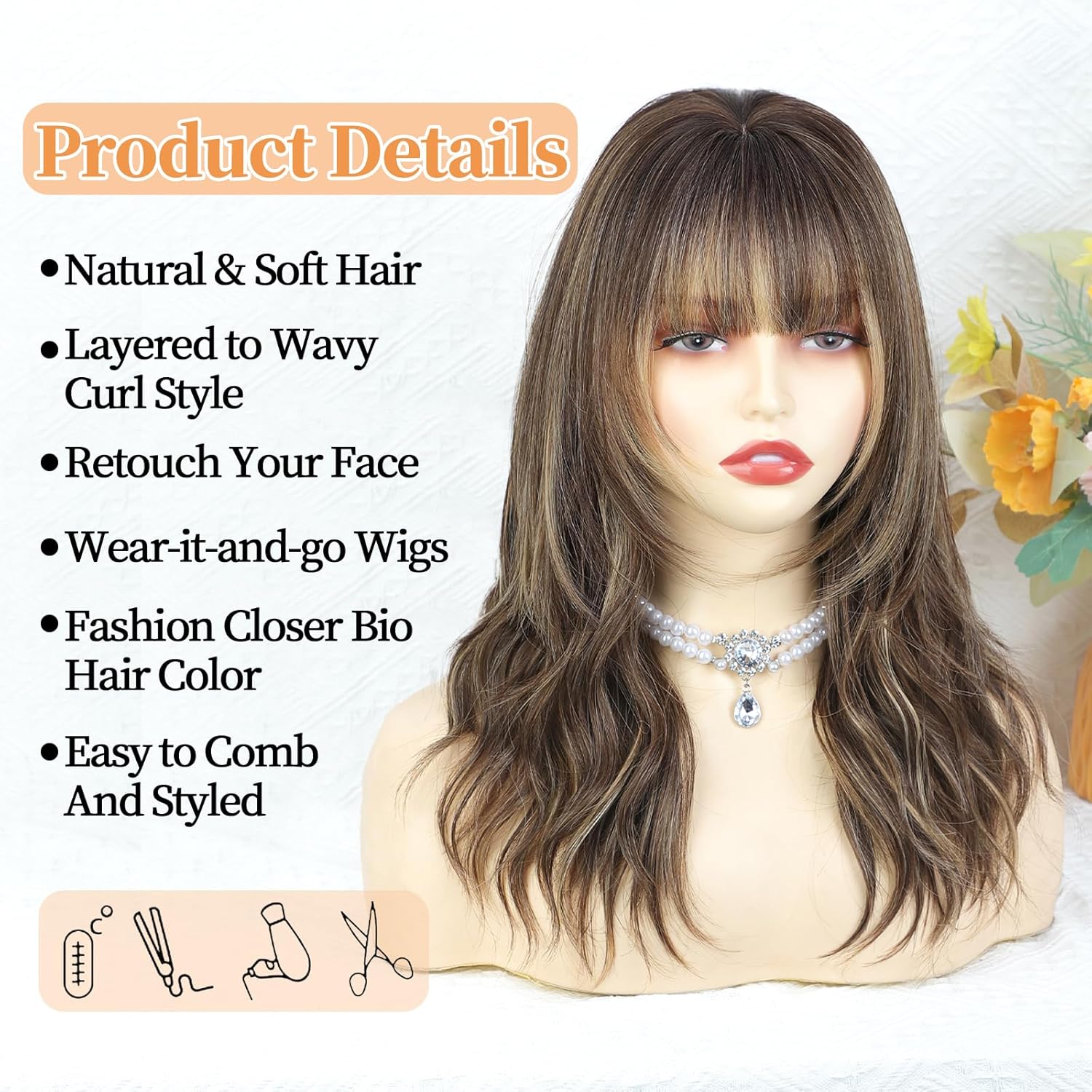 Ombre Wig with Bangs for Women, Brown Mixed Caramel Blonde Highlights Curly Wavy Wigs, Beginner Friendly 4x4 Realistic Scalp, Face-Framing Layered Synthetic Wigs for Daily Party Use 18Inch